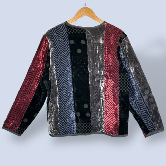 Vintage KOOS of Course! Patchwork Velvet Textured Jacket Silk Red Black Size Med - Picture 2 of 8